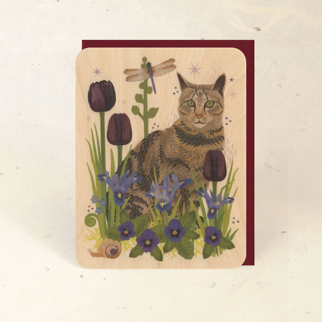 Tabby Cat & Dragonfly Wood Greeting Card