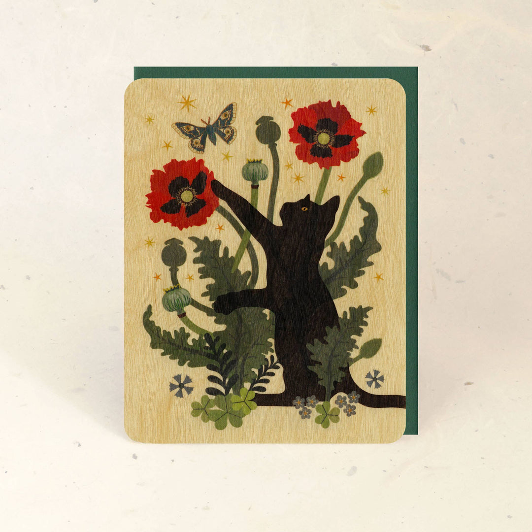 Black Cat & Poppies Wood Greeting Card