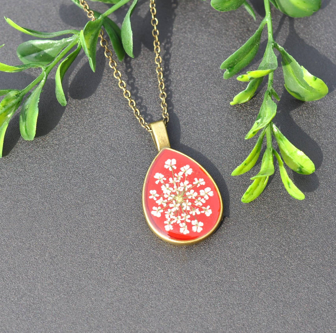 Red Pressed Flower Teardrop Necklace
