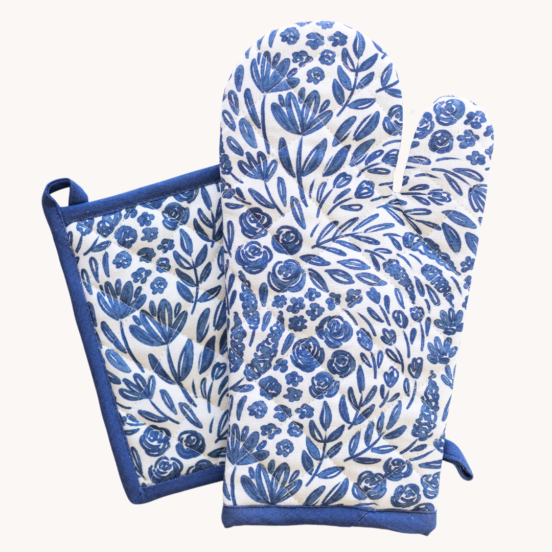 Porcelain Blue Oven Mitt + Pot Holder