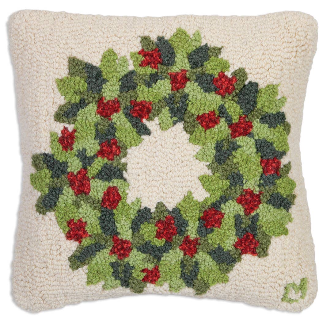 Wreath + Berries Wool Hooked Pillow