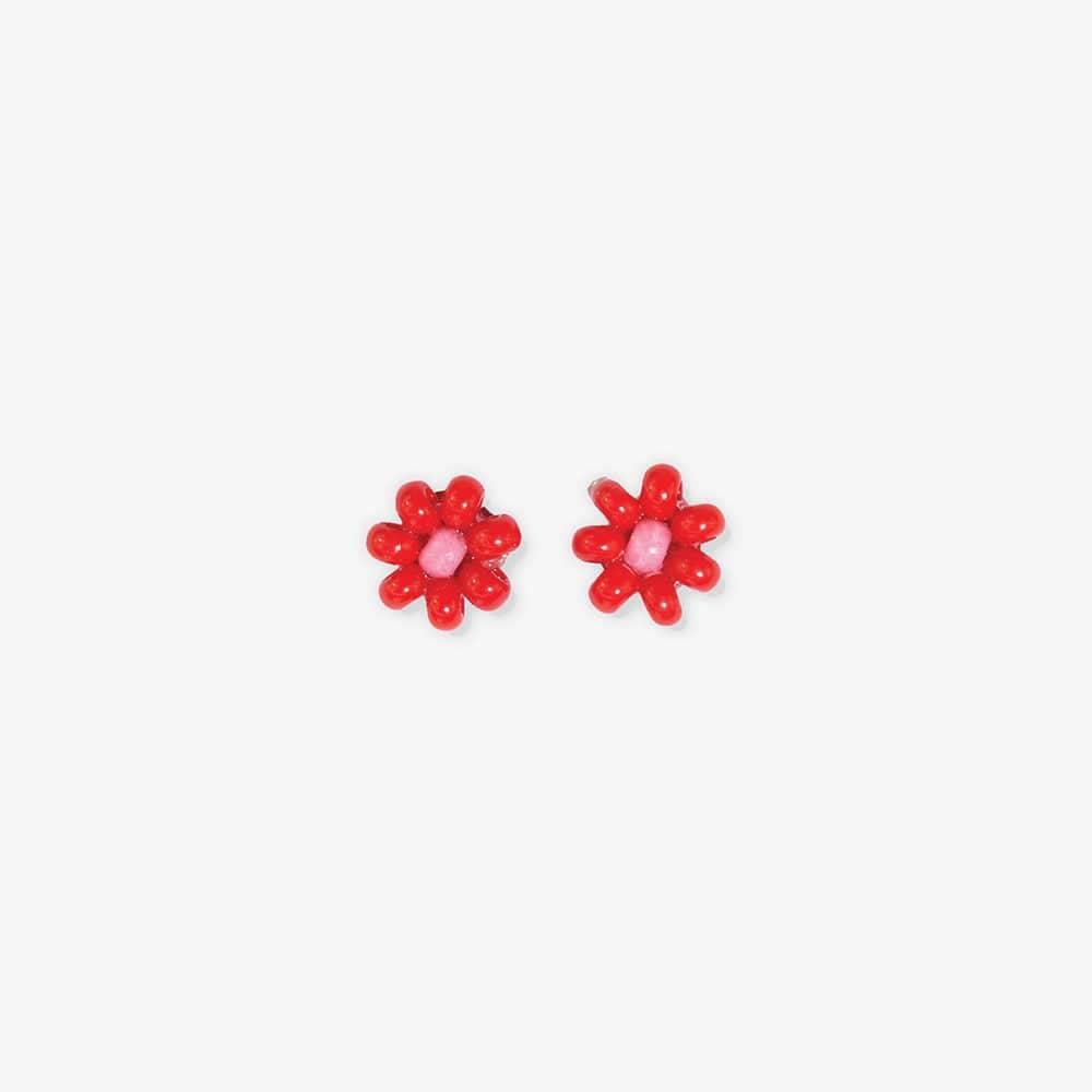 Red Beaded Post Flower Earrings