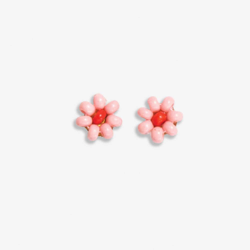 Pink Beaded Post Flower Earrings