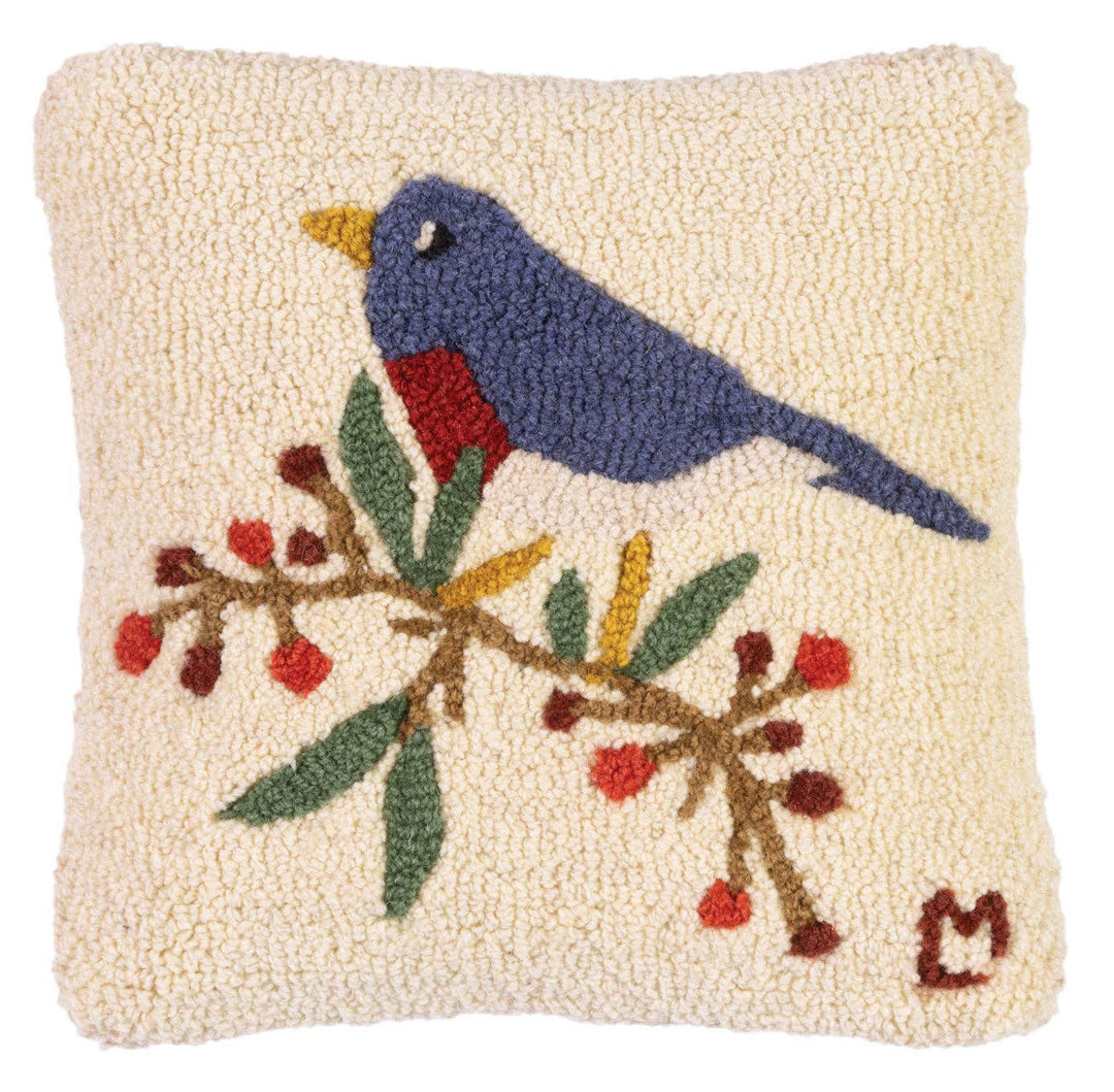 Bluebird + Berries Wool Hooked Pillow