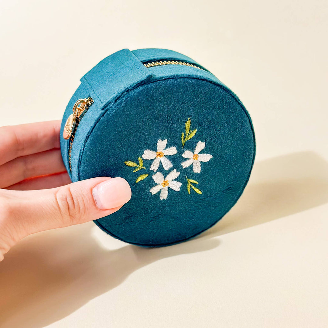 Floral Teal Round Velvet Jewelry Case