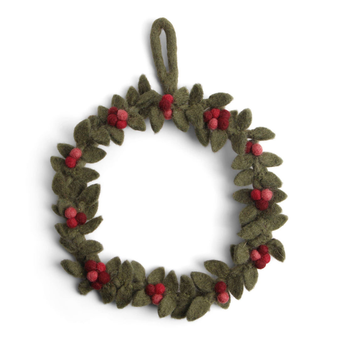 Green Wool Wreath w/ Red Berries