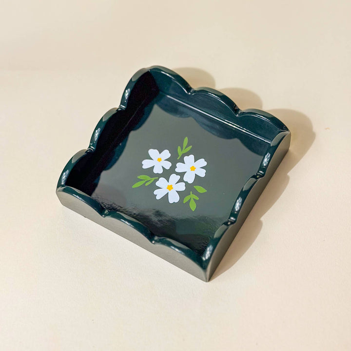 Floral Dark Green Scallop Trinket Tray