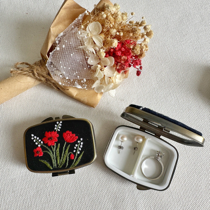Red Poppy Embroidered Mini Jewelry Box