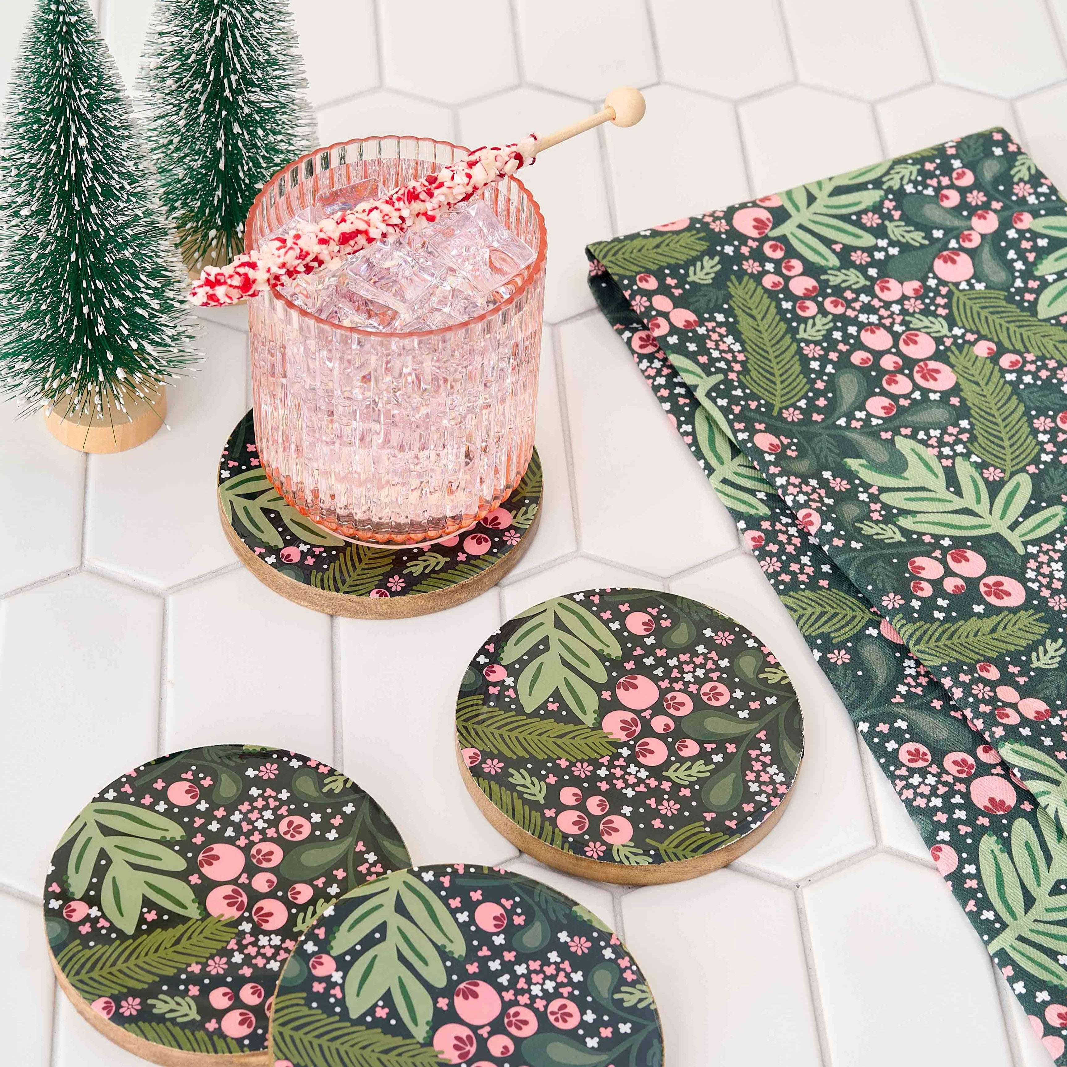 Jolly Sprig Green Wood Coaster Set