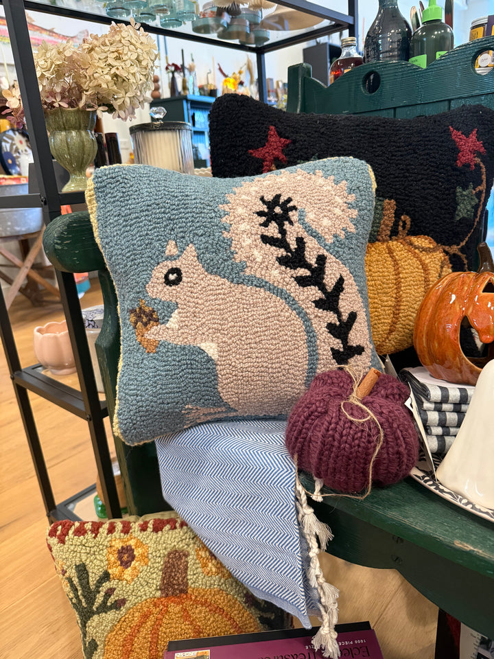Grey Squirrel Wool Hooked Pillow