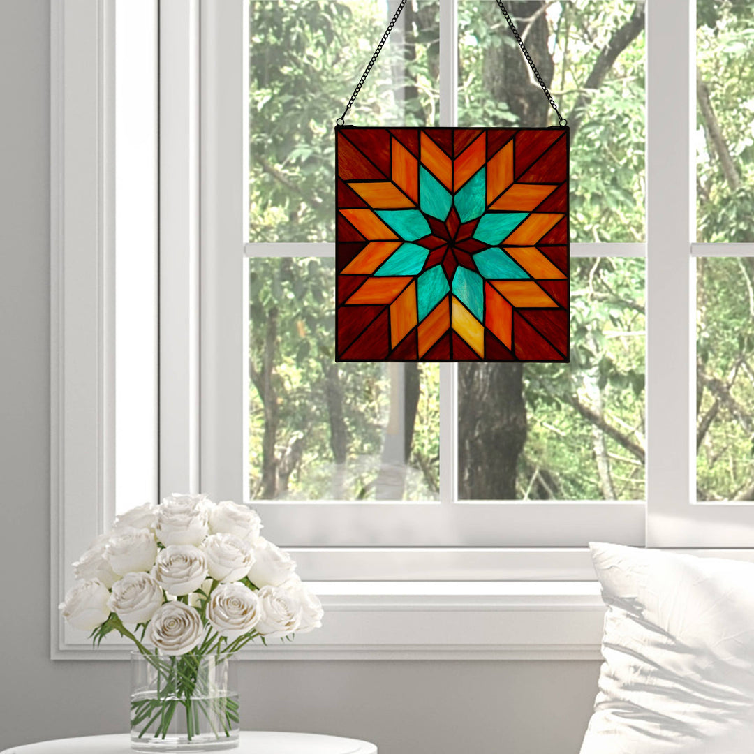 Red & Teal Quilt Square Stained Glass - Merry Piglets