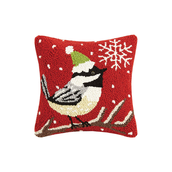 Chickadee with Snowflake Wool Hooked Pillow