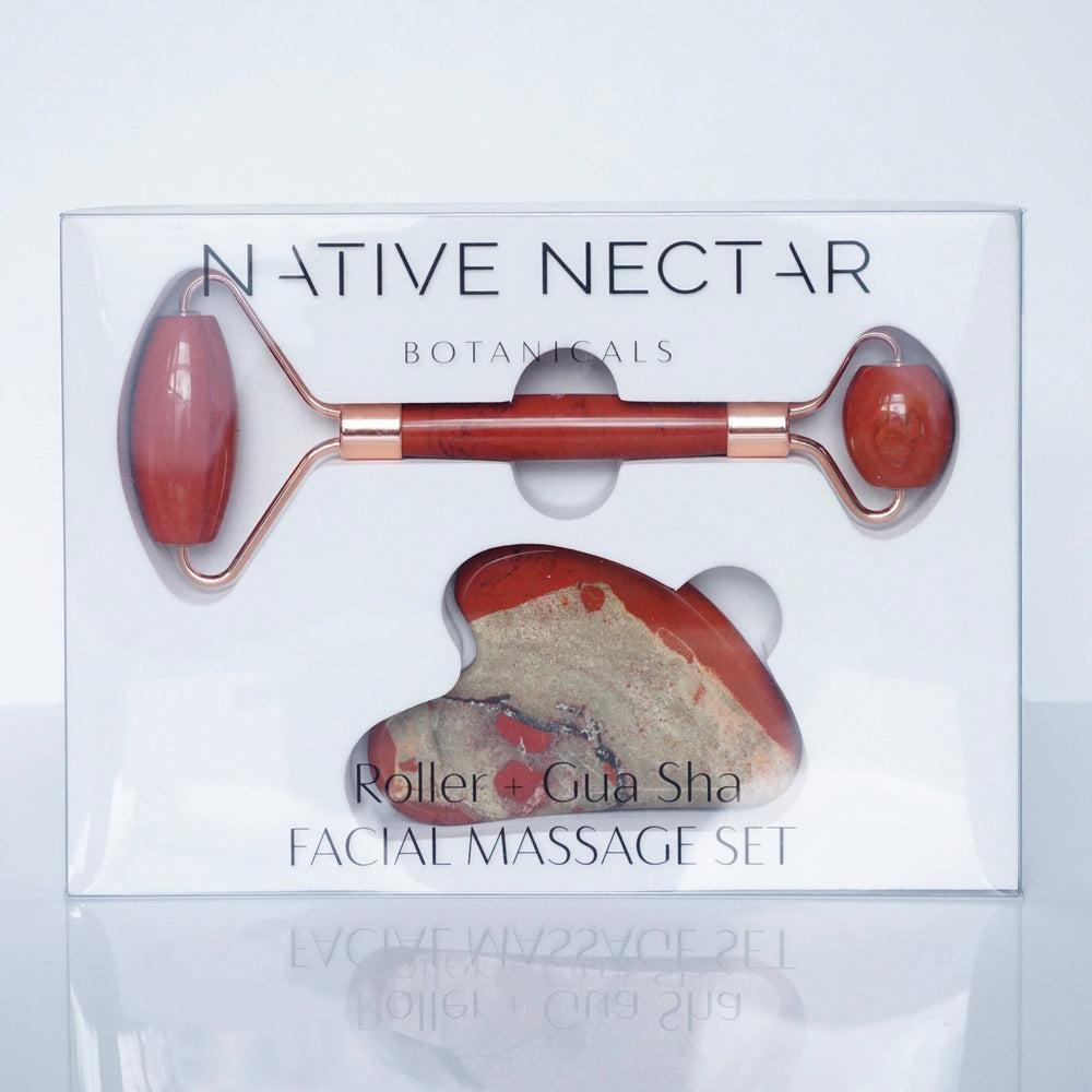 Red Jasper Gemstone Roller + Gua Sha Facial Massage Set - Merry Piglets