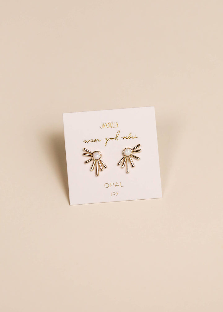 Sun Ray White Opal Gold Earrings