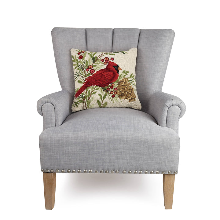 Winter Cardinal Wool Hooked Pillow