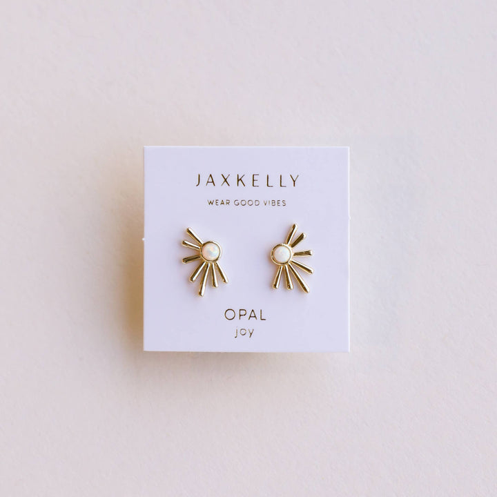 Sun Ray White Opal Gold Earrings