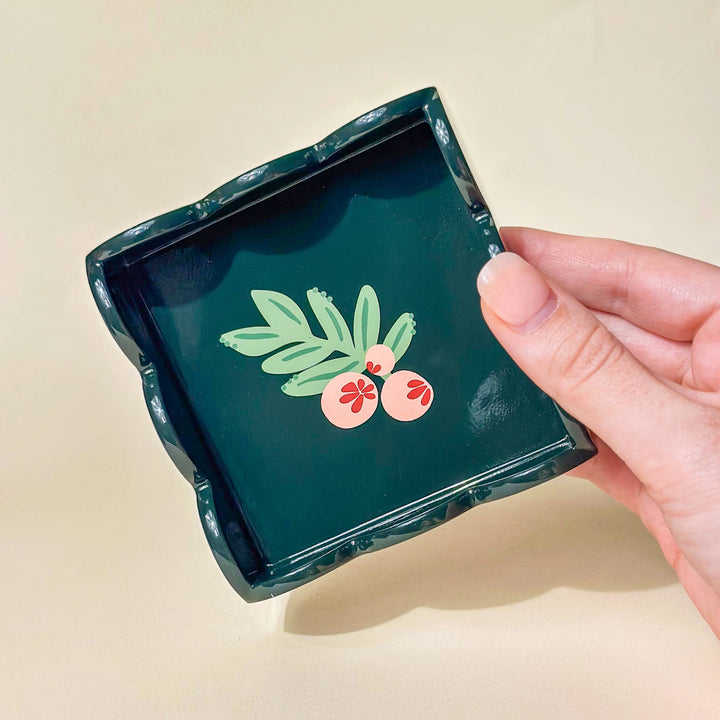 Jolly Sprig Green Scallop Trinket Tray