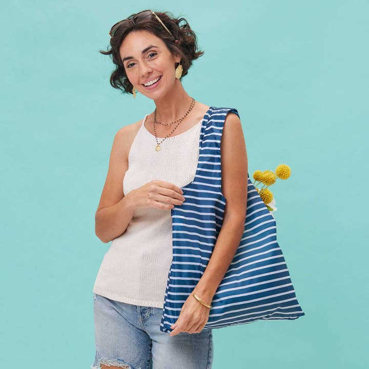 Navy Stripe Reusable Shopper Tote - Merry Piglets