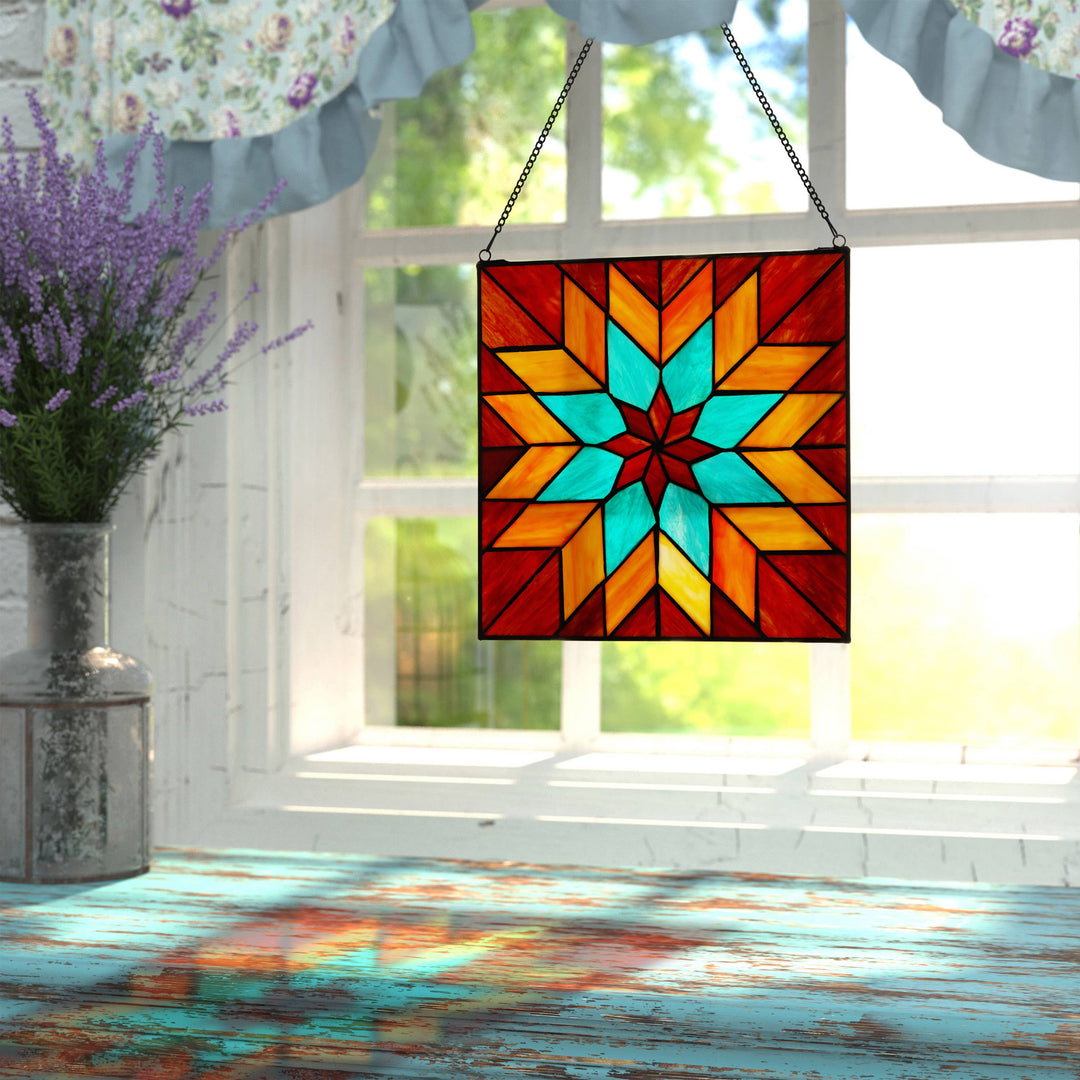 Red & Teal Quilt Square Stained Glass - Merry Piglets