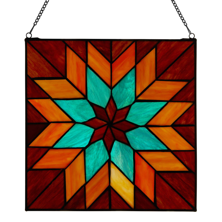 Red & Teal Quilt Square Stained Glass - Merry Piglets