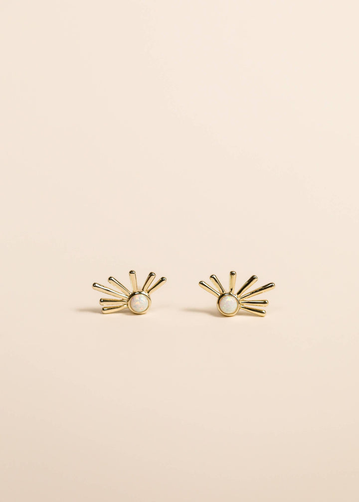 Sun Ray White Opal Gold Earrings