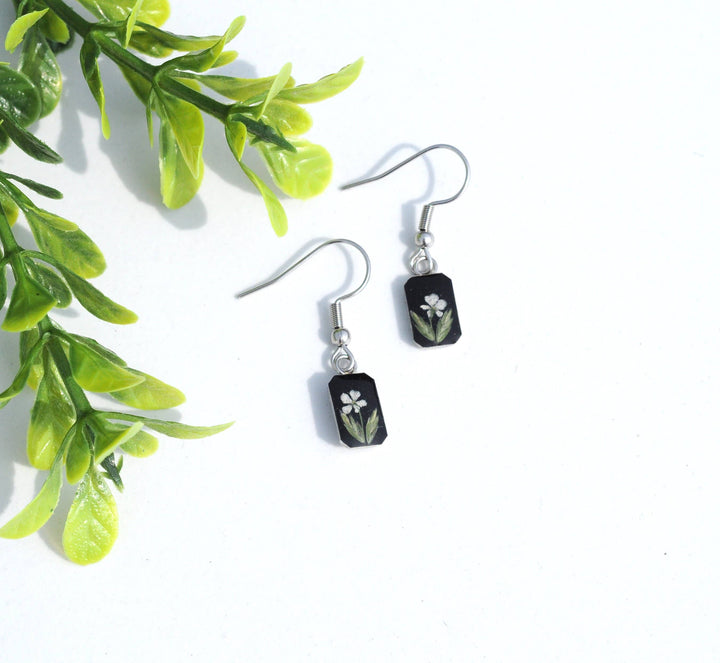 Pressed Flower Tiny Rectangle Earrings