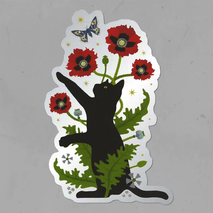 Black Cat & Poppies Sticker