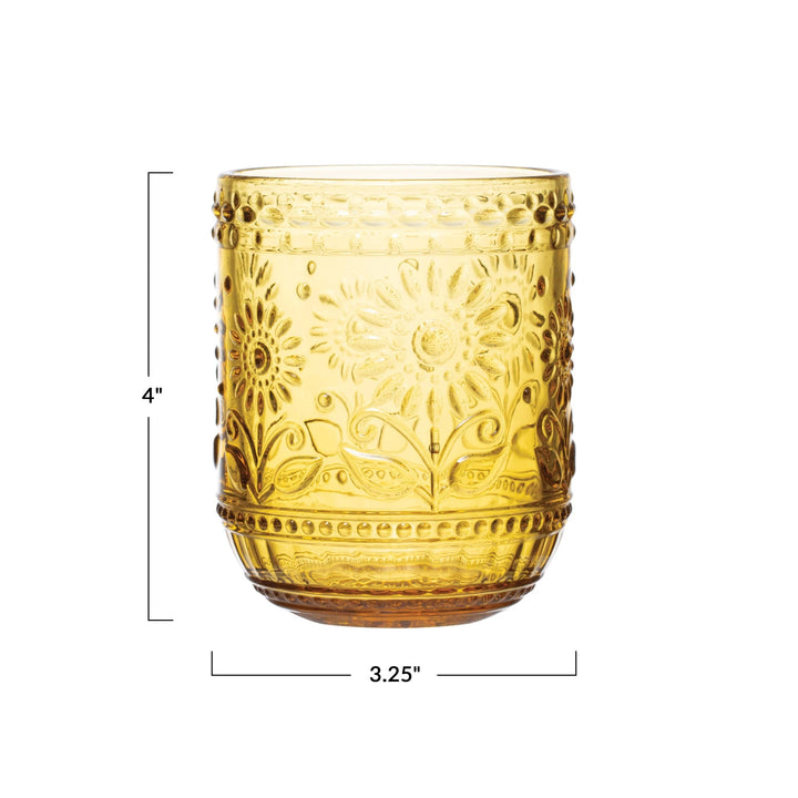 Amber Embossed Flower Drinking Glass - Merry PigletsCreative Co - Op