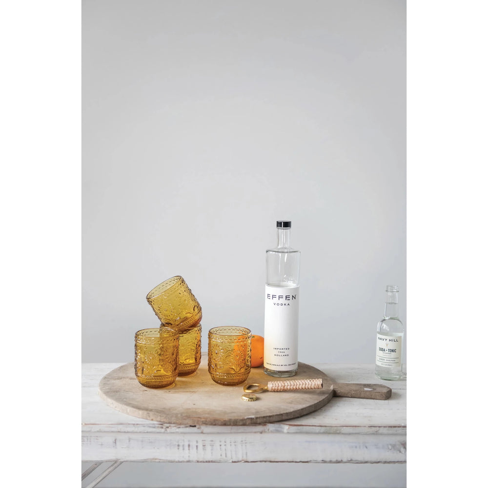 Amber Embossed Flower Drinking Glass - Merry PigletsCreative Co - Op
