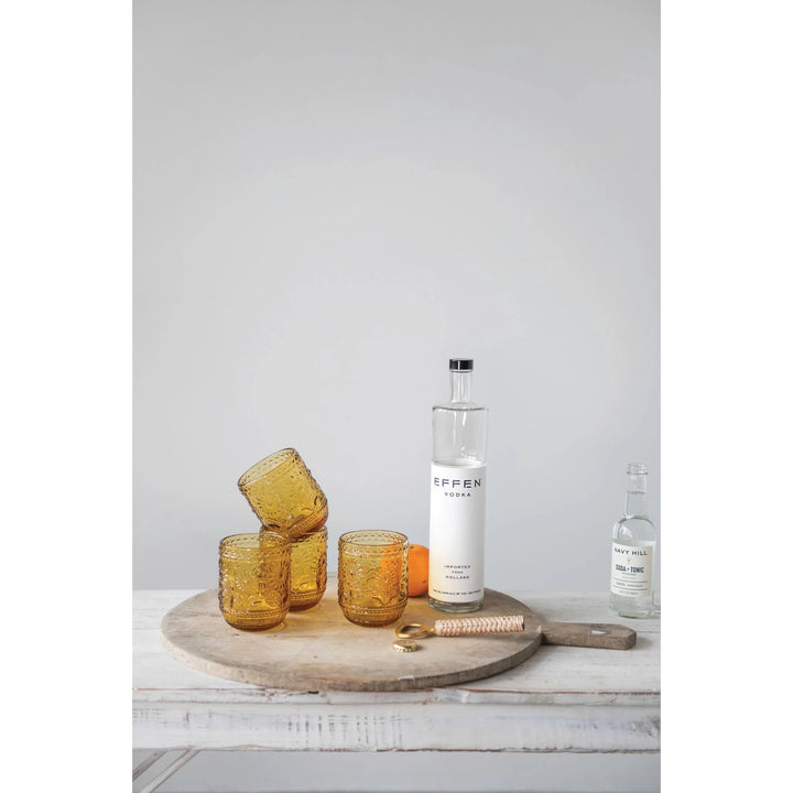 Amber Embossed Flower Drinking Glass - Merry PigletsCreative Co - Op