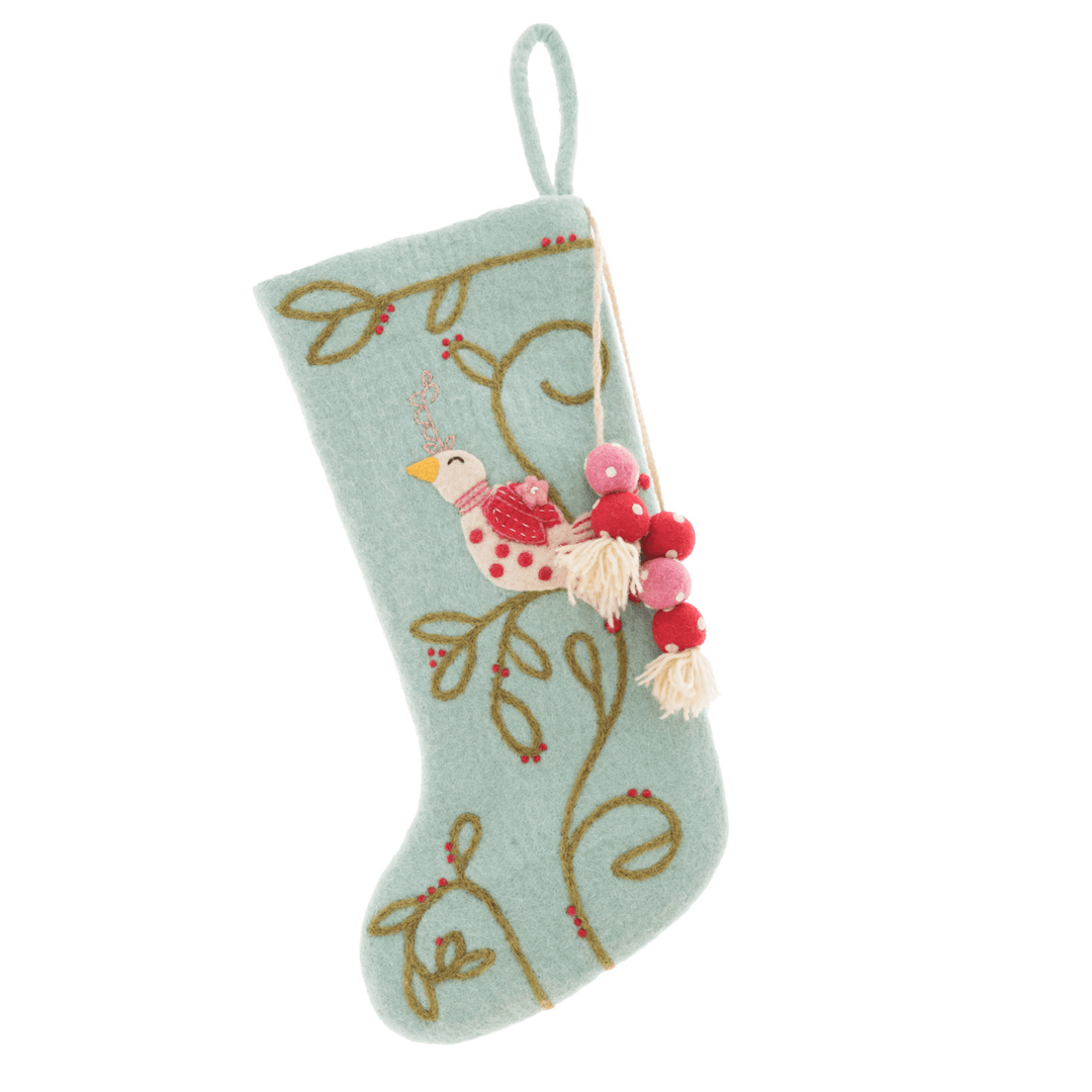 Aqua Coo Coo Bird Stocking - Merry PigletsFrench Knot