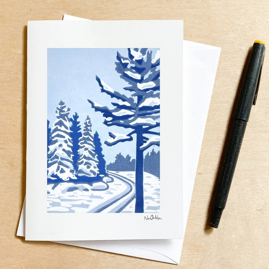 Backcountry Winter Greeting Card - Merry PigletsNan Onkka Prints