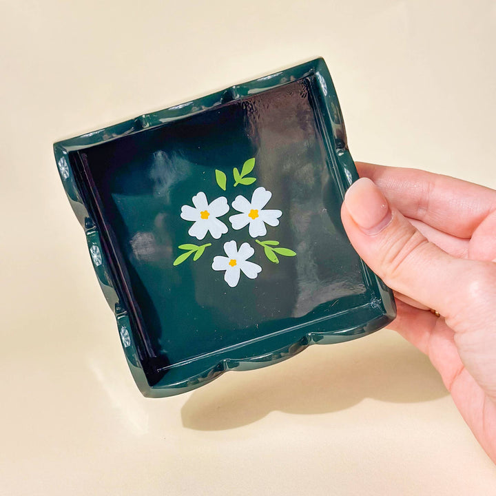 Floral Dark Green Scallop Trinket Tray