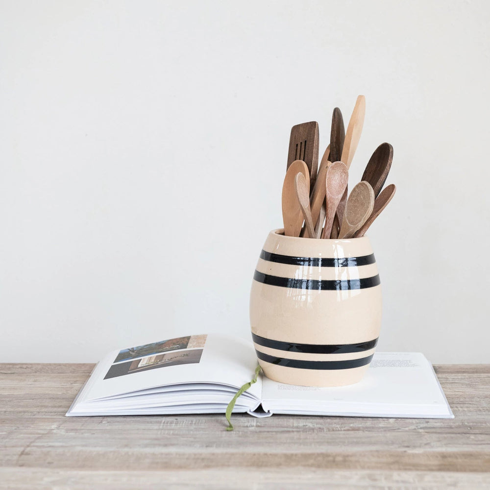 Black & Cream Striped Crock - Merry PigletsCreative Co - Op