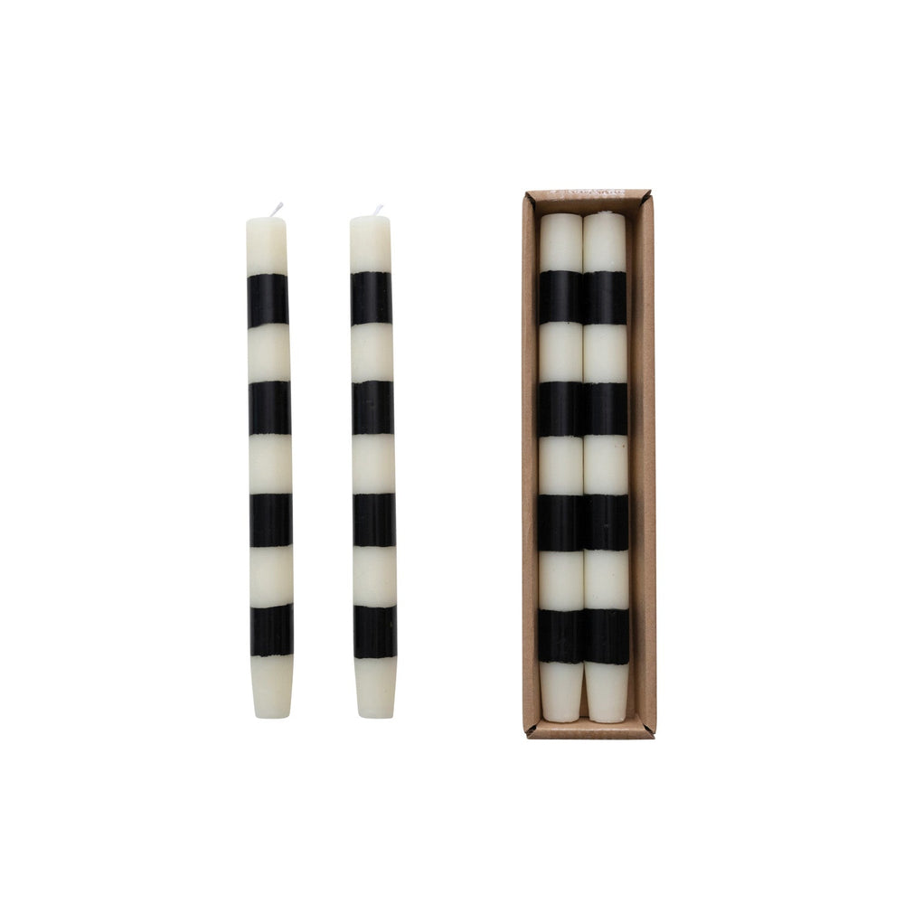 Black & Ivory Stripe Taper Candle Set - Merry PigletsCreative Co-Op