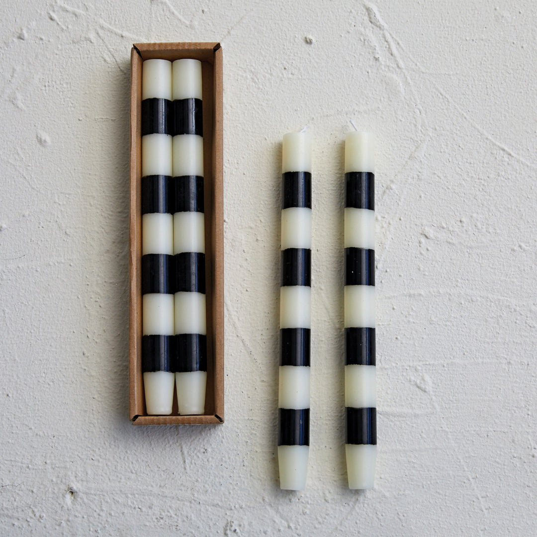 Black & Ivory Stripe Taper Candle Set