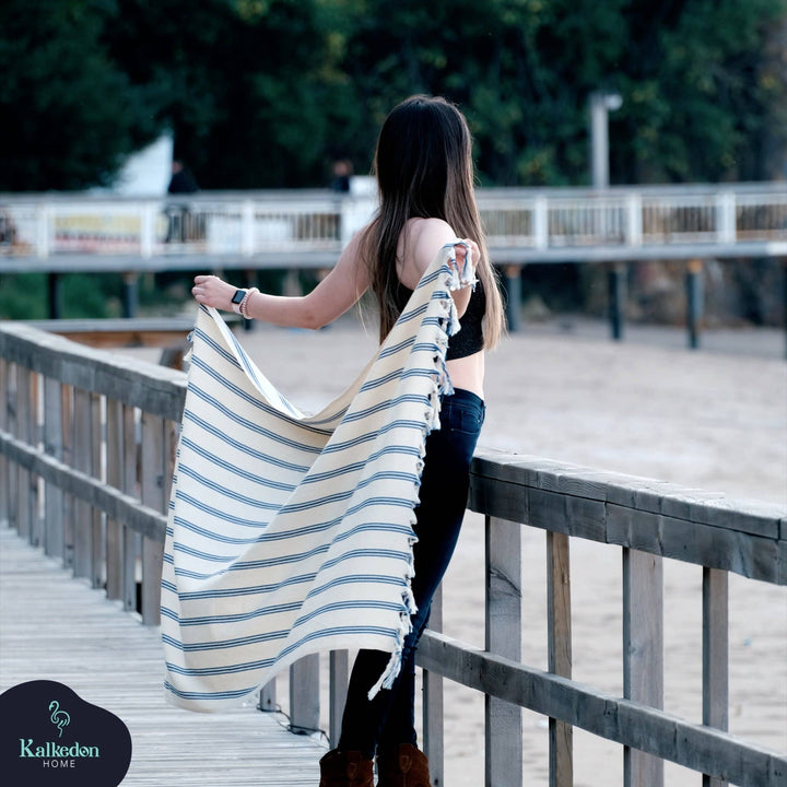Blue Stripe Turkish Throw Blanket - Merry PigletsKalkedon Towels
