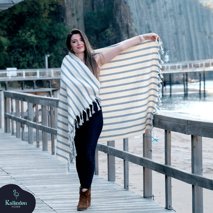 Blue Stripe Turkish Throw Blanket - Merry PigletsKalkedon Towels