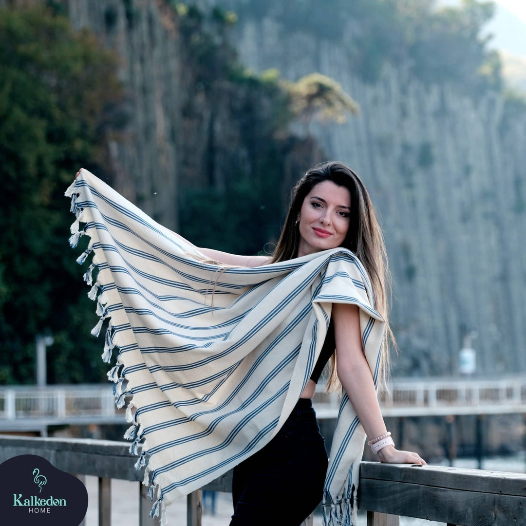 Blue Stripe Turkish Throw Blanket - Merry PigletsKalkedon Towels