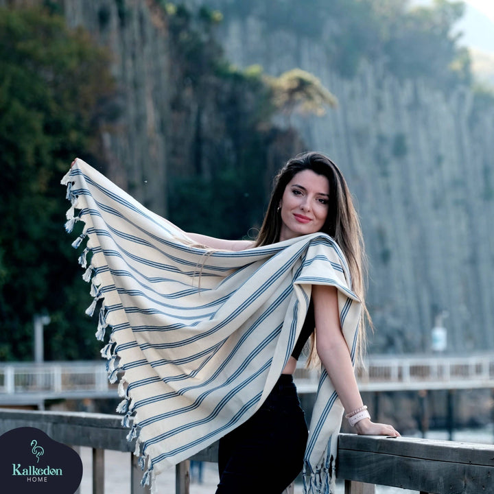 Blue Stripe Turkish Throw Blanket - Merry PigletsKalkedon Towels