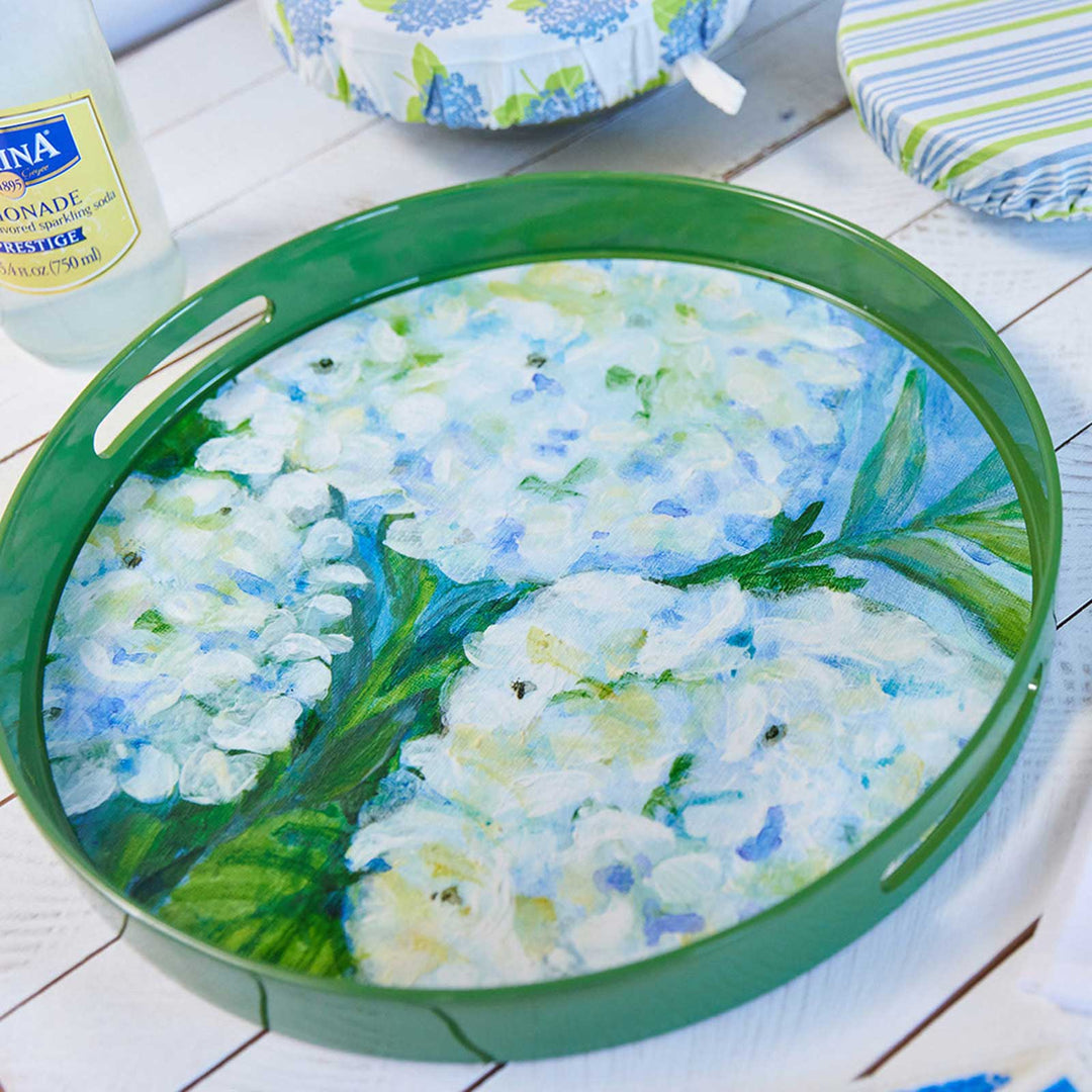 White Hydrangeas Round Serving Tray