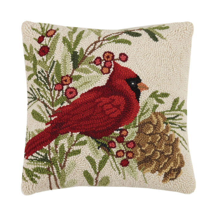 Winter Cardinal Wool Hooked Pillow
