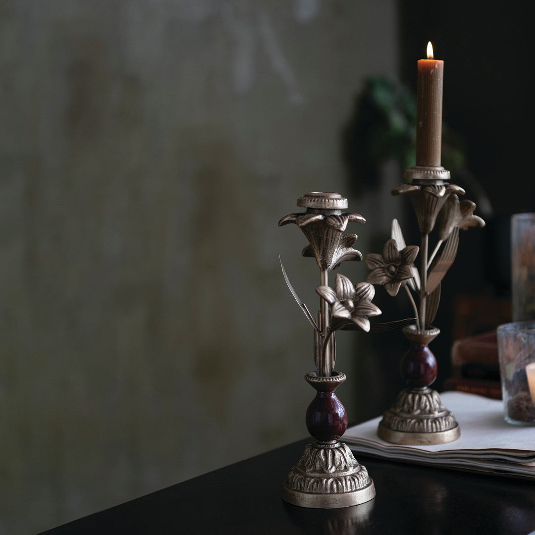 Cast Iron Taper Holder with Flowers - Merry PigletsCreative Co-Op