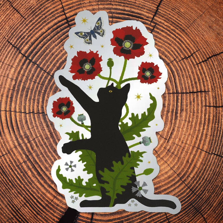 Black Cat & Poppies Sticker