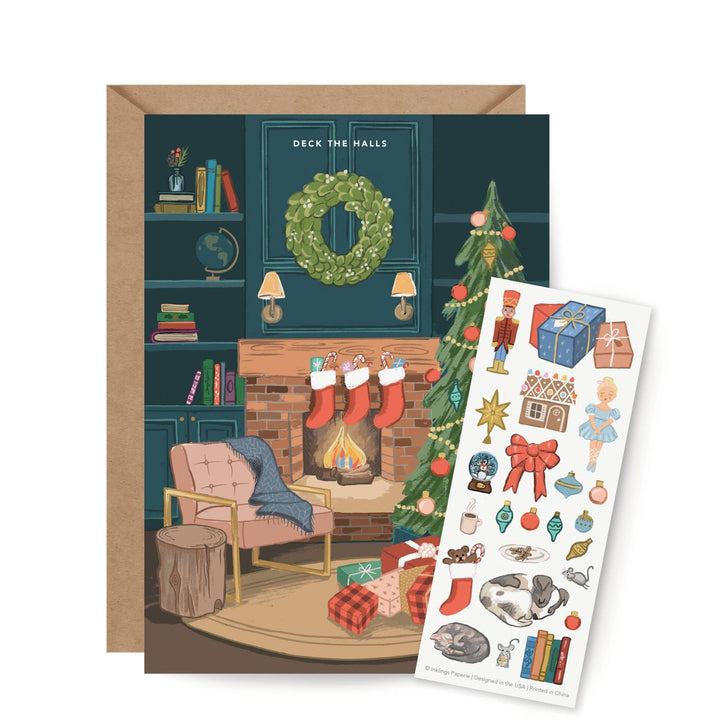 Cozy Fireplace Sticker Scene Greeting Card - Merry PigletsInklings Paperie