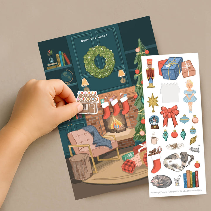 Cozy Fireplace Sticker Scene Greeting Card - Merry PigletsInklings Paperie