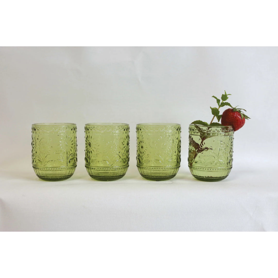 Green Embossed Flower Drinking Glass - Merry Piglets