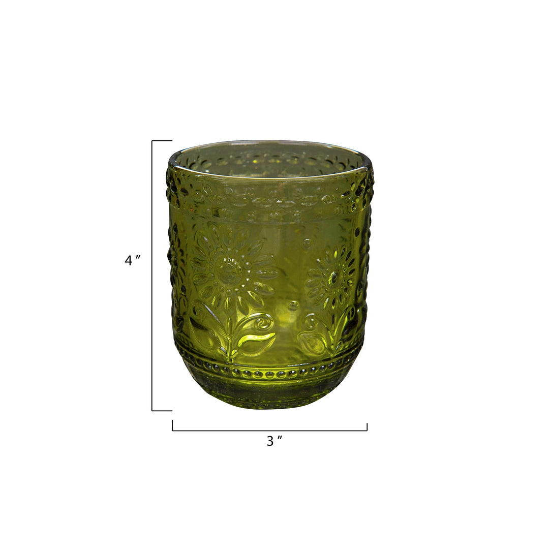 Green Embossed Flower Drinking Glass - Merry Piglets