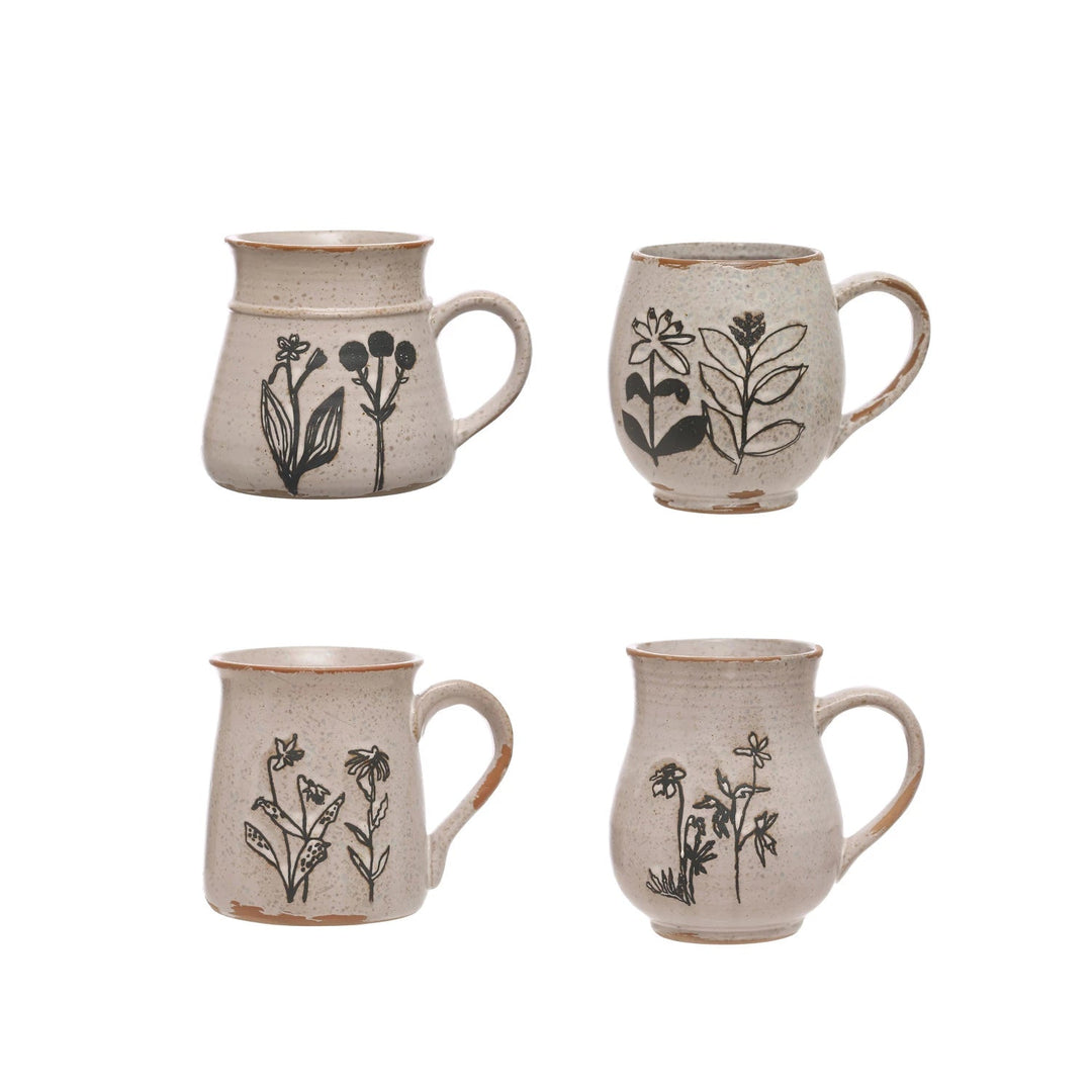 Debossed Stoneware Botanical Mug - Merry PigletsCreative Co - Op
