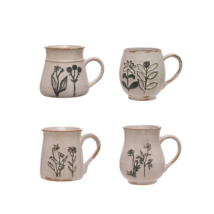 Debossed Stoneware Botanical Mug - Merry PigletsCreative Co - Op